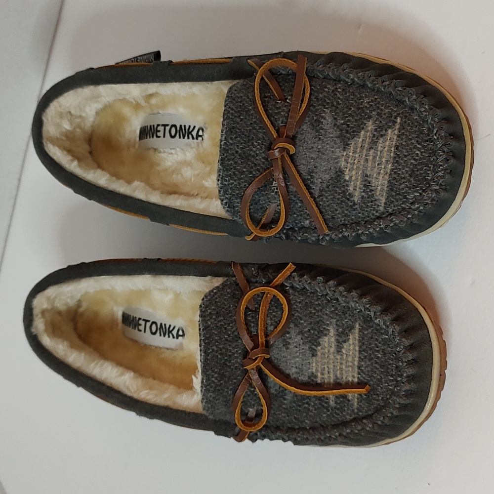Minnetonka Gray and Brown Moccasins